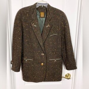 80s Steinbock Horn & Leather Accent Tweed Wool Blazer Jacket Tyrol Made 12